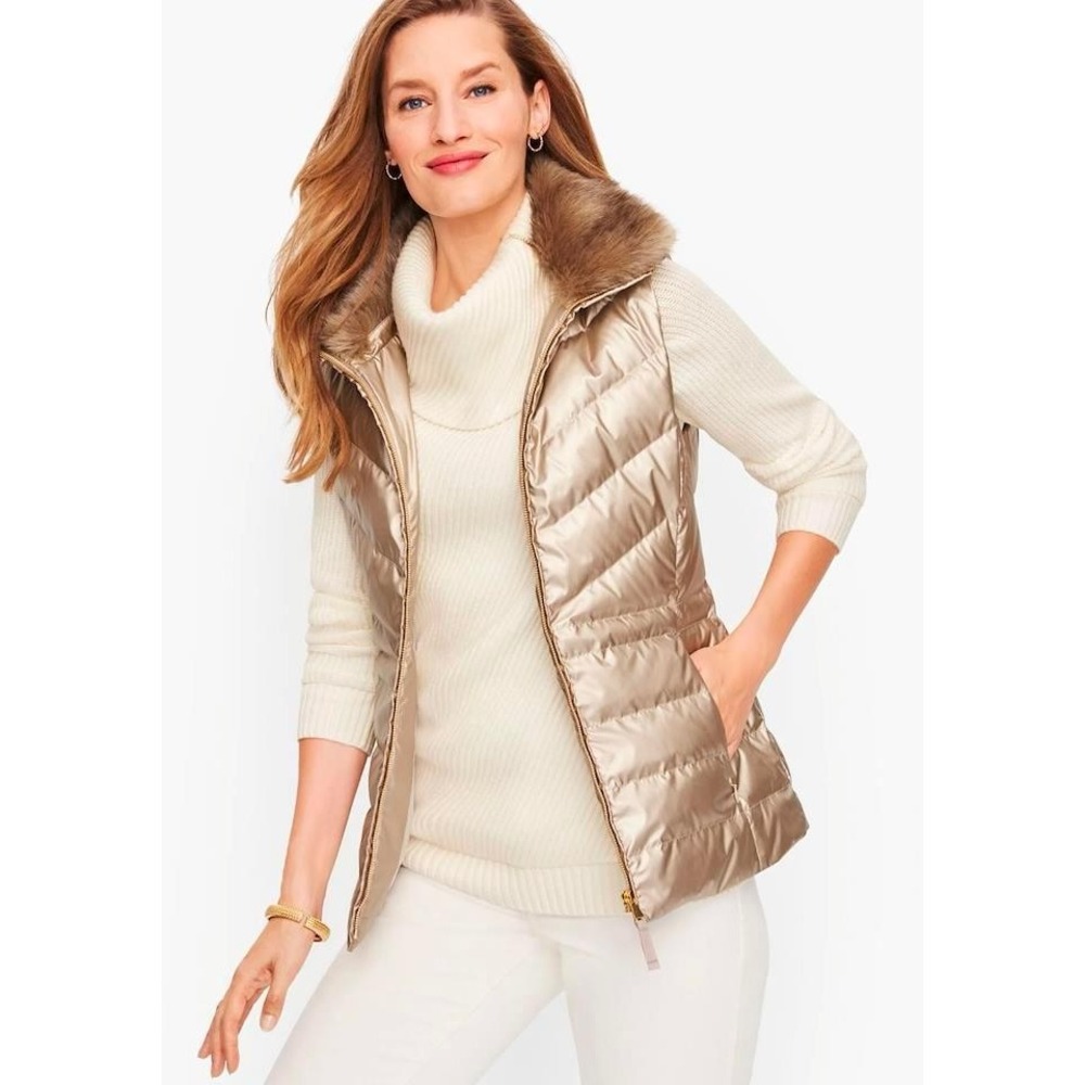 Talbots Metallic Champagne Gold Faux Fur Collar Down Puffer Vest Size M